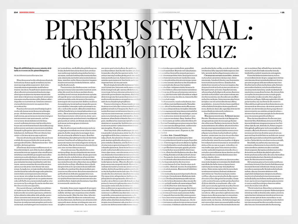 Редакционная вёрстка крупного качественного американского журнала — двойной разворот с многоколонным текстом и крупным серифным заголовком