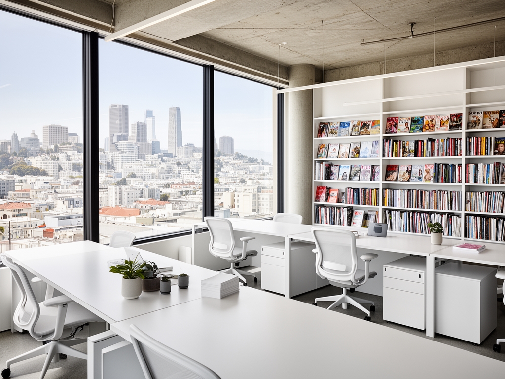 Современный офис в стиле editorial в Сан-Франциско с большими окнами, книжными полками с журналами и белыми рабочими столами