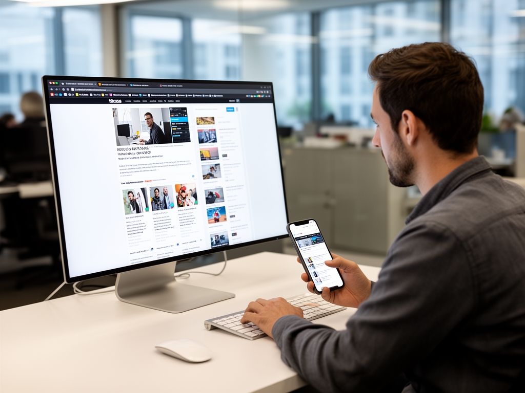 Редакционный дизайнер сравнивает отображение веб-страницы на большом мониторе и смартфоне на рабочем столе в современном медиаофисе в Сан-Франциско