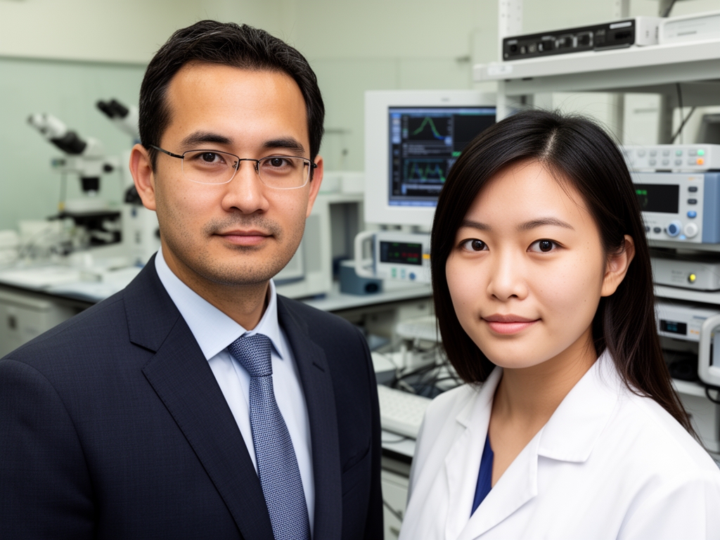 Эмили Чен — когнитивный исследователь, молодая азиатская женщина в научной лаборатории рядом с оборудованием для айтрекинга, деловой портрет