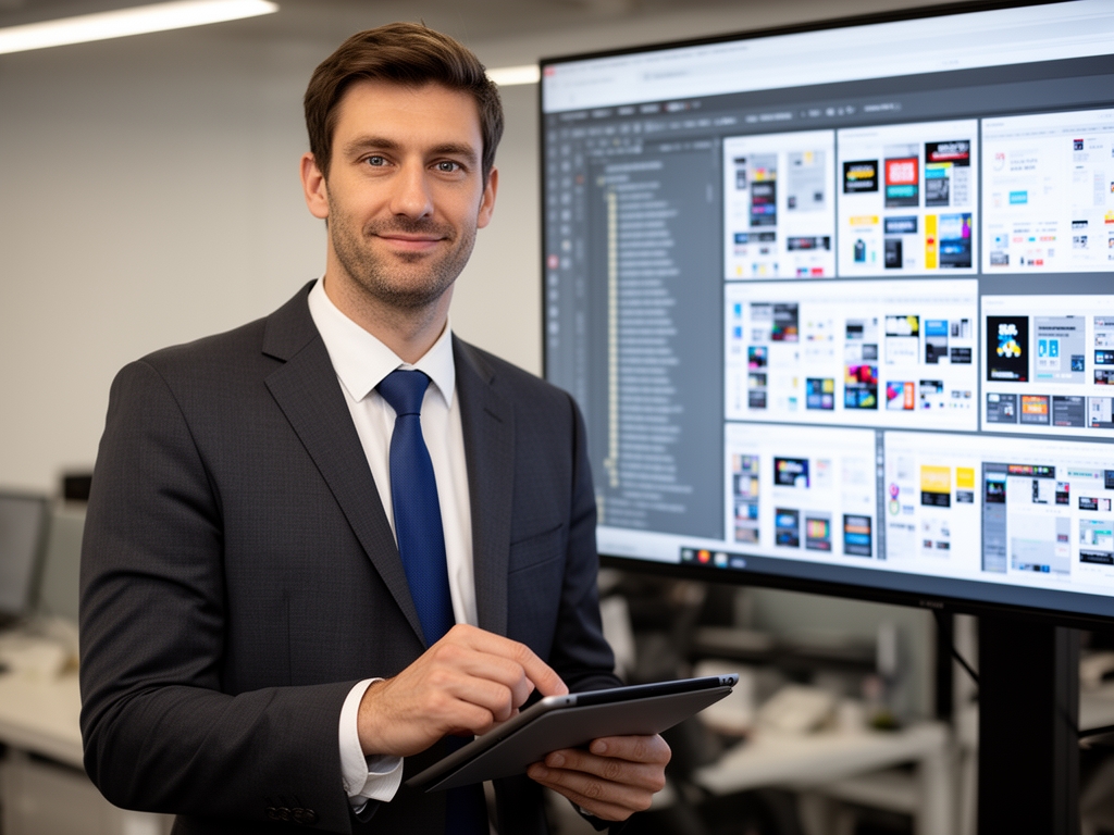 Джеймс Форрест — редакционный дизайнер, мужчина с планшетом, стоит перед большим монитором с дизайн-макетами в медиаофисе, профессиональный портрет