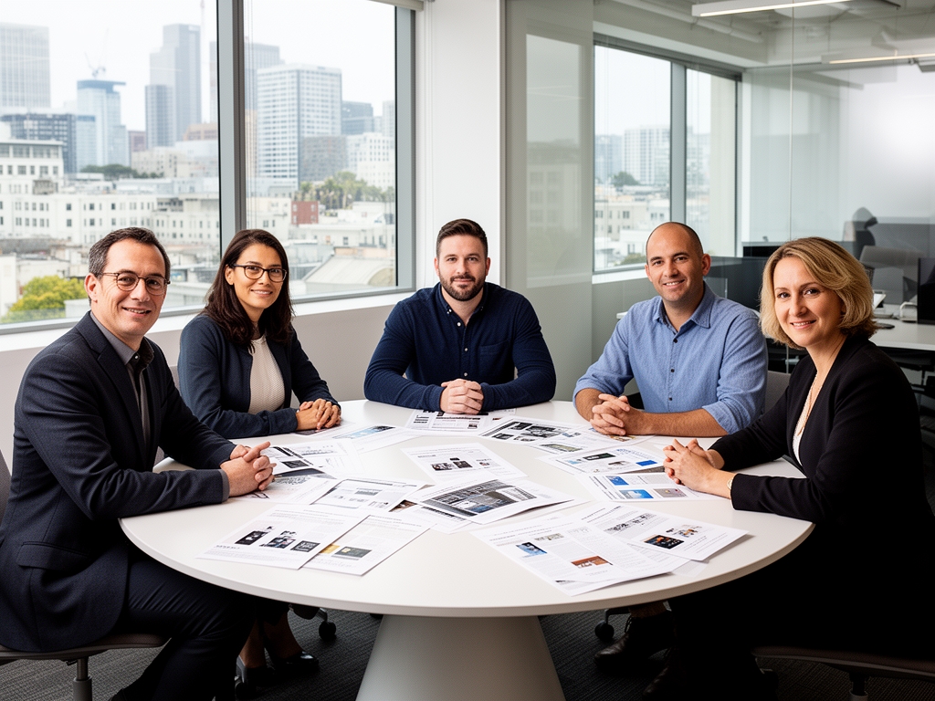 Группа из шести профессионалов в сфере медиа и типографики — участники редакционного совета Lexmora — за круглым столом в современном офисе в Сан-Франциско с распечатанными материалами