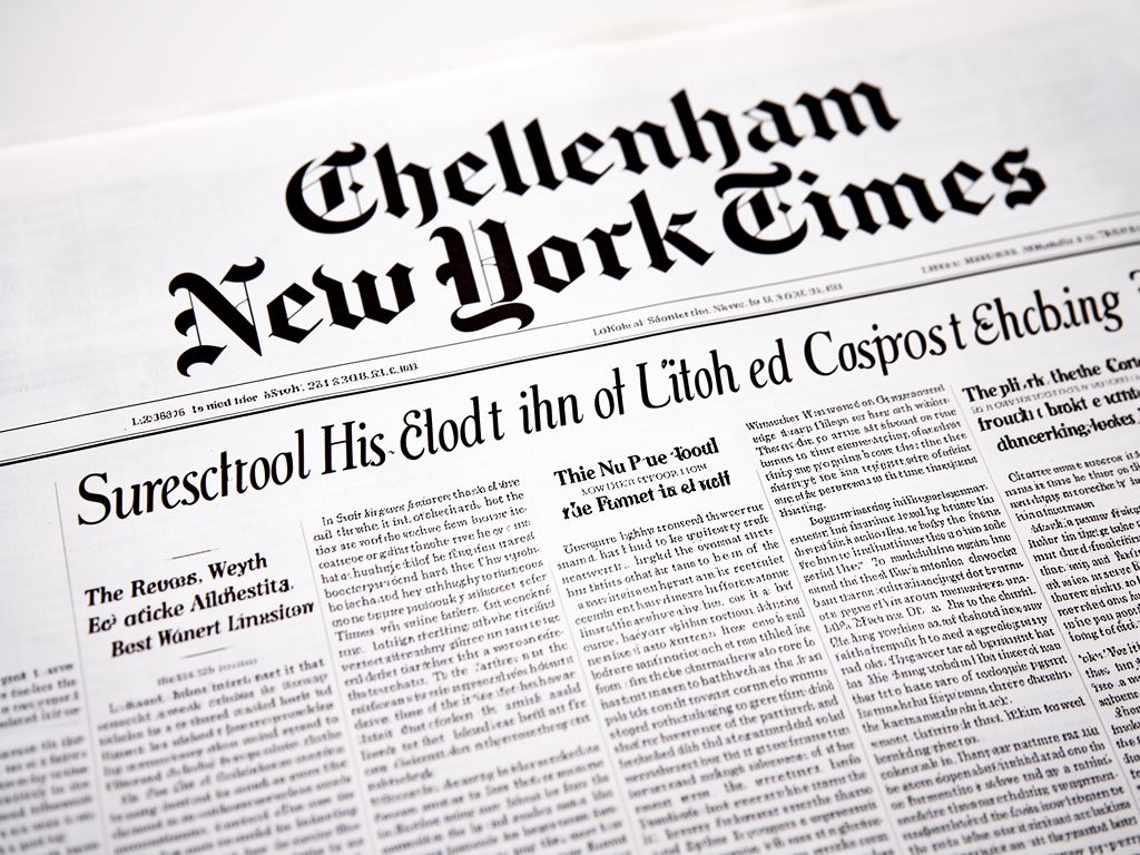 Крупный план газетной страницы с заголовками в стиле New York Times — чёрный шрифт Cheltenham на белом newsprint