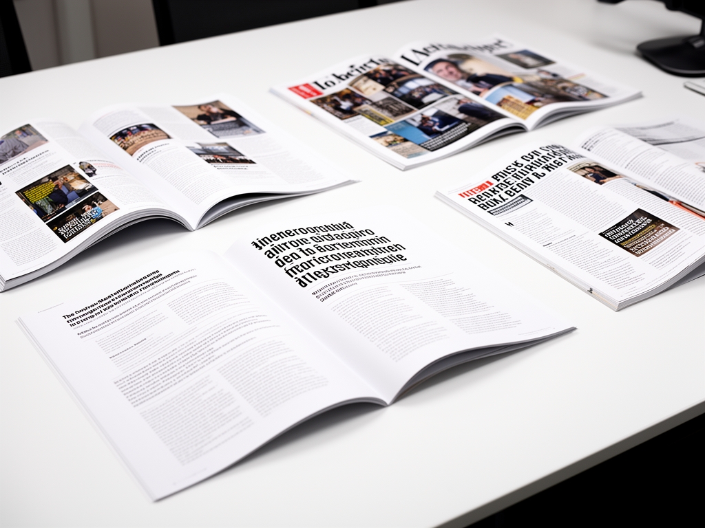 Редакционный стол крупного американского журнала с несколькими разворотами и шрифтовыми макетами на белой бумаге