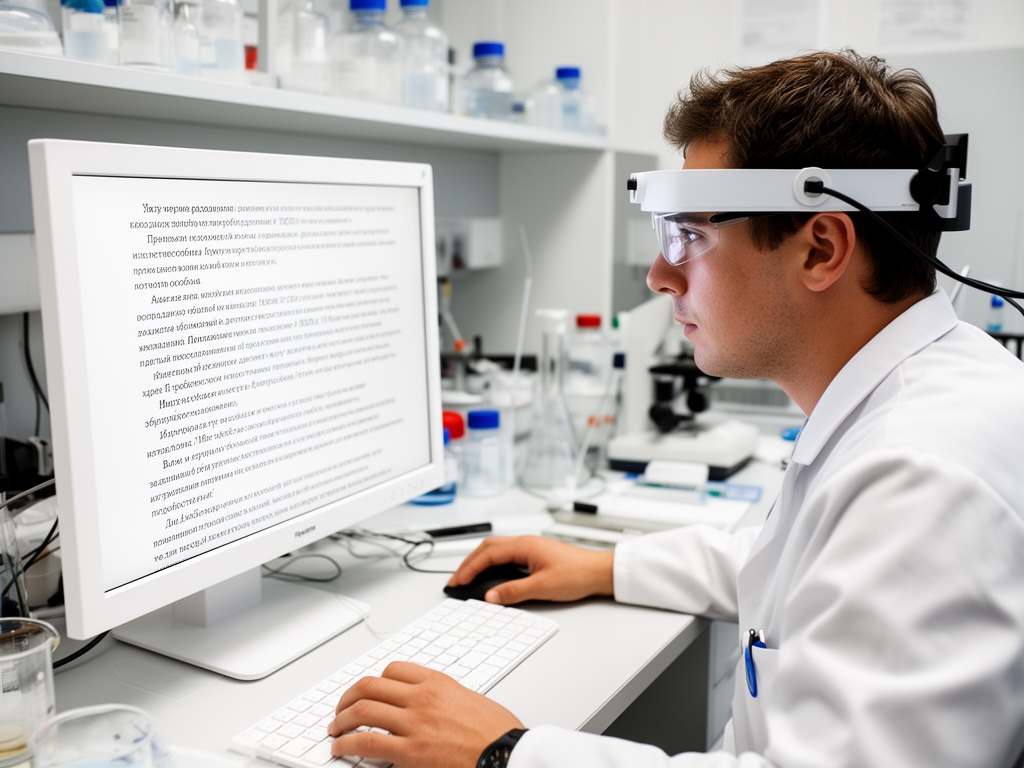 Исследователь в лаборатории когнитивной психологии изучает движение взгляда человека по тексту с помощью устройства айтрекинга на белом мониторе