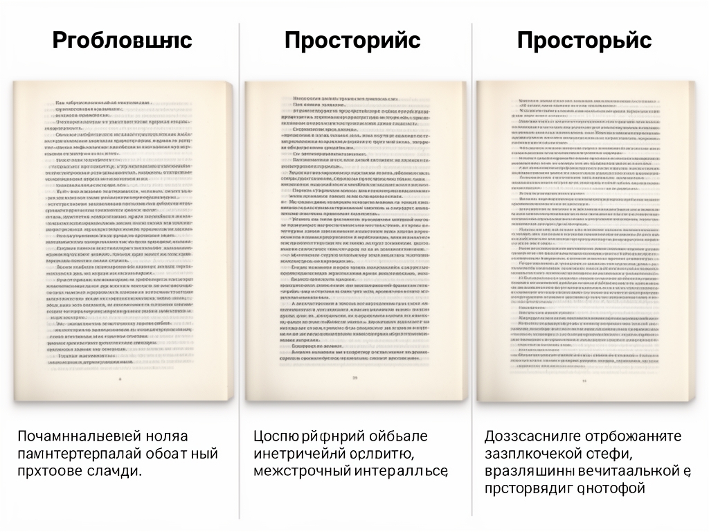 Сравнительная таблица печатных страниц с различным межстрочным интервалом — от плотного к просторному, с подписями о влиянии на читательское восприятие