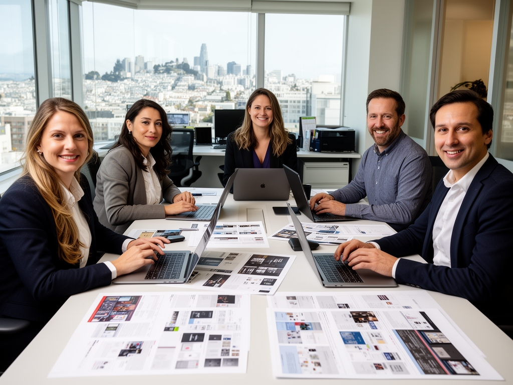 Команда редакции Lexmora в офисе в Сан-Франциско — пятеро профессионалов за большим редакционным столом с распечатанными макетами и ноутбуками