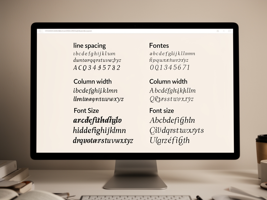 Инфографика с примерами типографических параметров — межстрочный интервал, ширина колонки и кегль текста на экране компьютера в редакционной среде